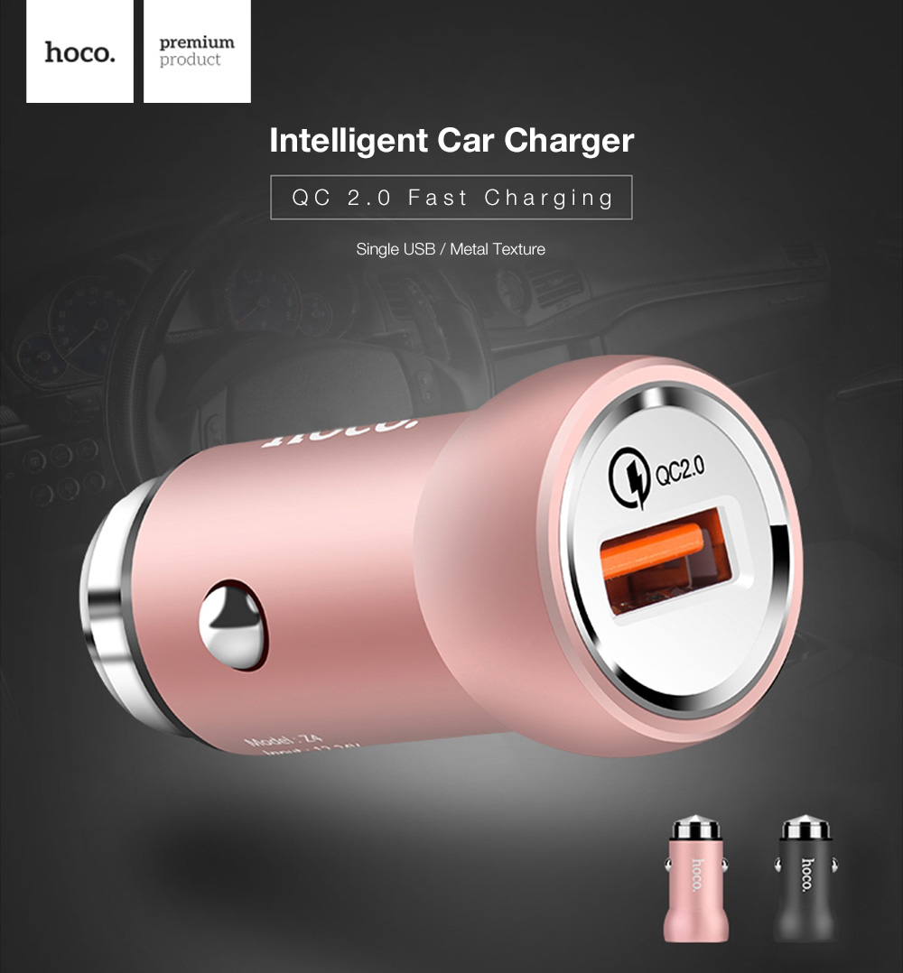 HOCO Z4 Quick Charge 2.0 Single USB Port Smart Car Charger Adapter Multi-Protections for Universal Phones - Pink