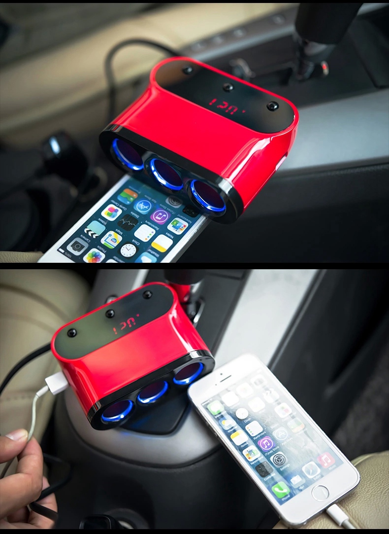 SAST T12 5-in-1 Car Charger 3 Cigarette Lighter Slots Dual USB Ports Multi-function Car Phone Charger with LED Voltage Monitoring - White