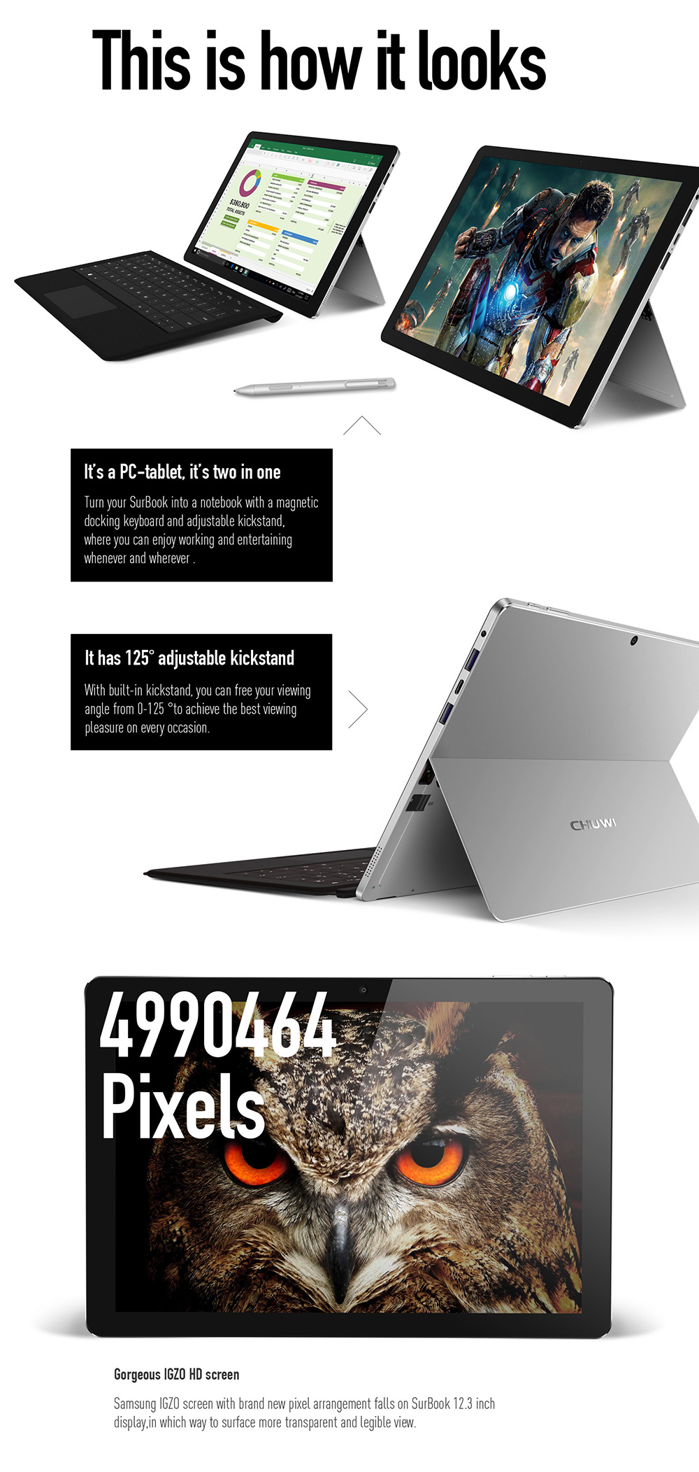 Chuwi SurBook 2in1 Tablet 12.3" 2K Display 6GB RAM 128GB ROM Apollo Lake N3450 Quad Core 2.2GHz Windows 10 OS Dual Camera Wifi - Silver