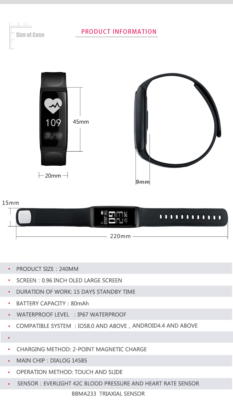 C7S Smart Band 0.96 Inch OLED Screen Heart Rate Blood Pressure Monitor IP67 Water Resistance Compatible with iOS Android Smartphones - Red