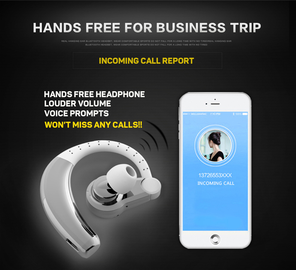 Yuer T9 Single Buiseness Bluetooth Headphone Earbud Noise Reduction Hands-free Music Talking Control - Black