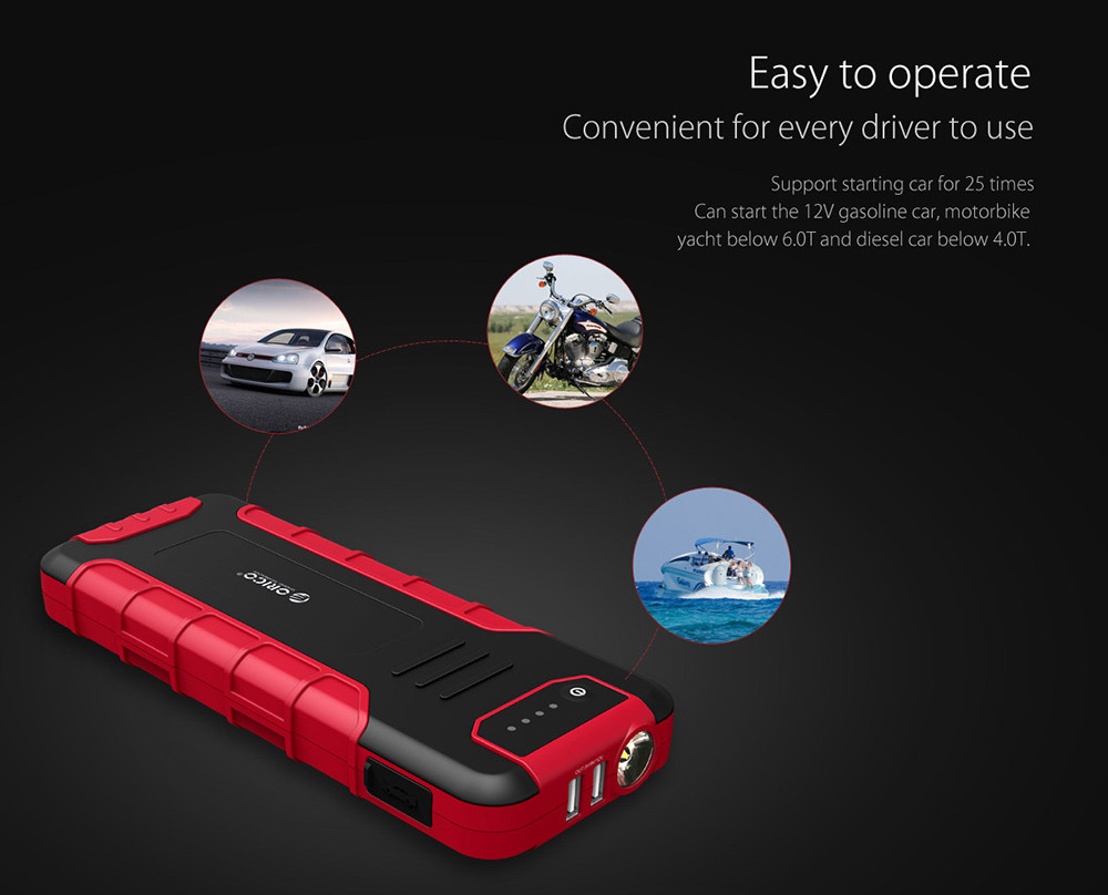 ORICO CS3 18000mAh Car Jump Starter Emergency Lighting For Diesel Gas Car Motorbike Phone Power Bank USB Charging With LED Indicator Lights - Black + Red