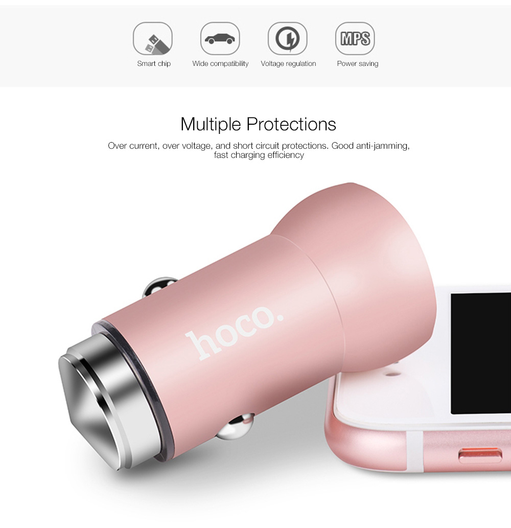 HOCO Z4 Quick Charge 2.0 Single USB Port Smart Car Charger Adapter Multi-Protections for Universal Phones - Pink