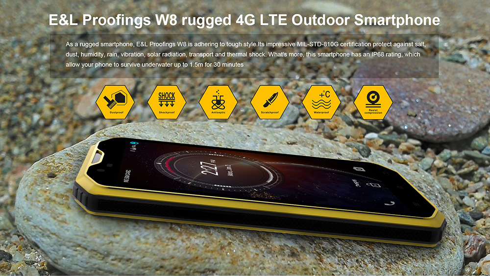 [HK Stock]E&L W8 5.5 Inch IP68 Waterproof 4G LTE Smartphone Corning Gorilla Glass 3 Screen MTK6735 Octa Core 2GB 16GB 8.0MP Cam Android 6.0 3000mAh - Black