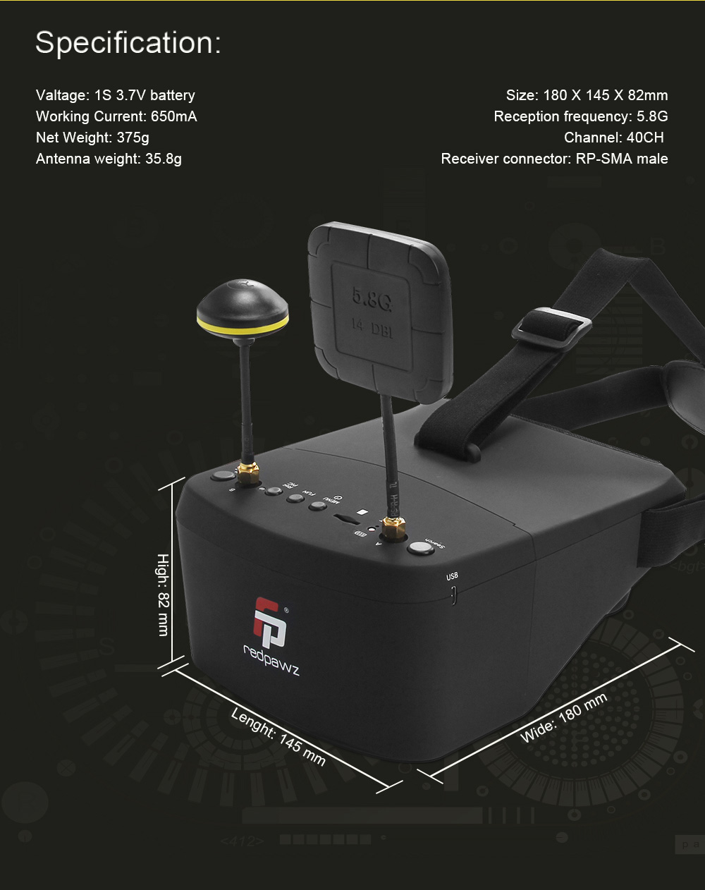 Redpawz EV800 Pro 5.8G 40CH Diversity FPV Goggles 5 Inch 854 X 480 Video Headset with DVR - Black