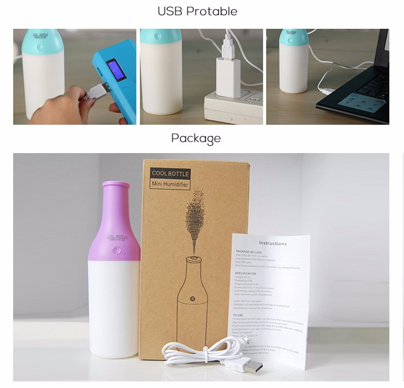Mini USB 3 in 1 Bottle Humidifier Practical Aromatherapy Machine LED Night Light 180ML -Pink