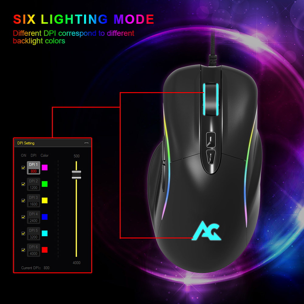 ACGAM G502 RGB Lighting Avago3050 4000DPI Wired Gaming Mouse - Black