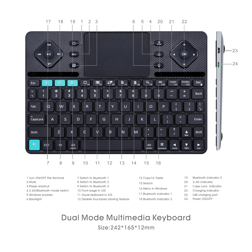 Rii RT503 Multimedia 2.4GHz Wireless / Bluetooth 3.0 Dual Modes QWERTY Keyboard with Touchpad Backlit Function - Black