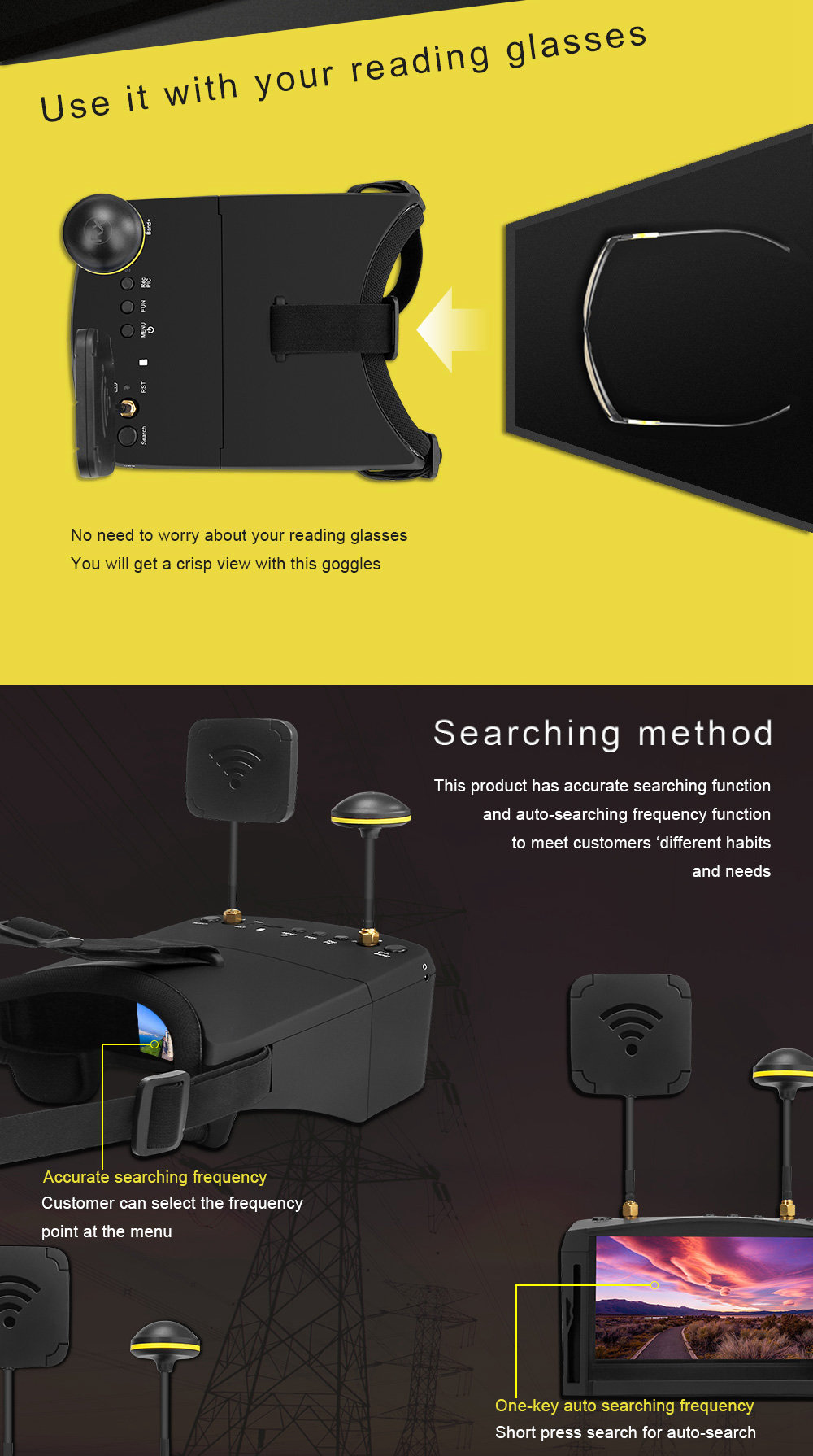 Redpawz EV800 Pro 5.8G 40CH Diversity FPV Goggles 5 Inch 854 X 480 Video Headset with DVR - Black