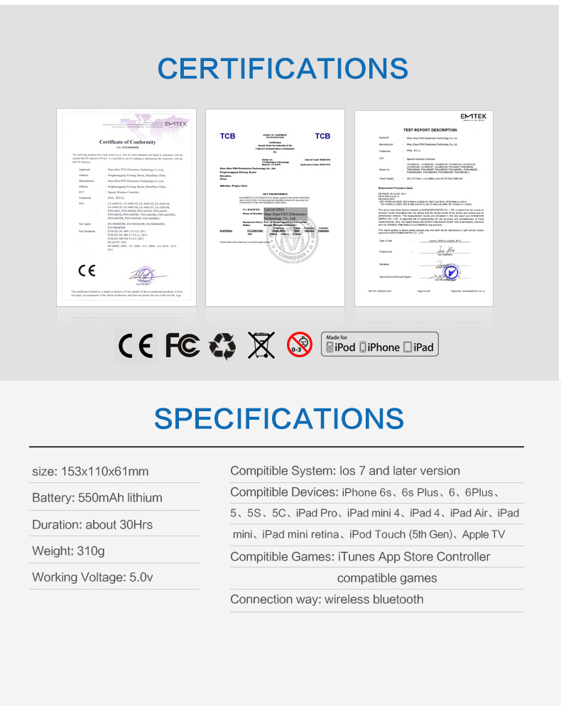 PXN-6603 Wireless Bluetooth Game Controller MFi Certified Speedy Gamepad Vibration Handle - Black