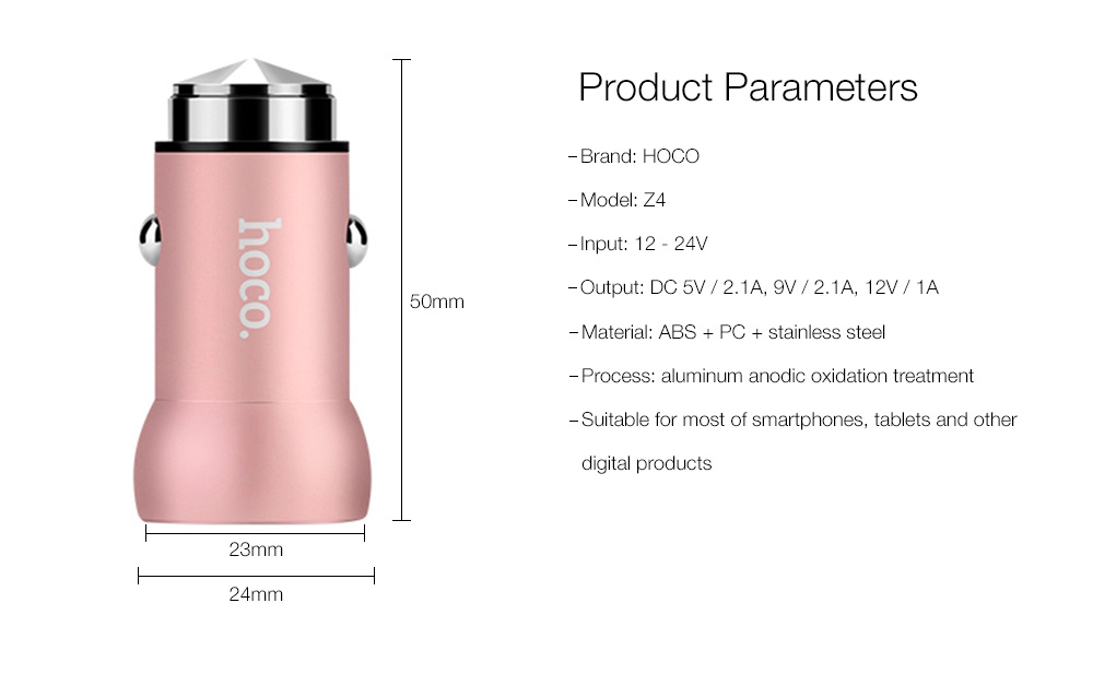 HOCO Z4 Quick Charge 2.0 Single USB Port Smart Car Charger Adapter Multi-Protections for Universal Phones - Pink