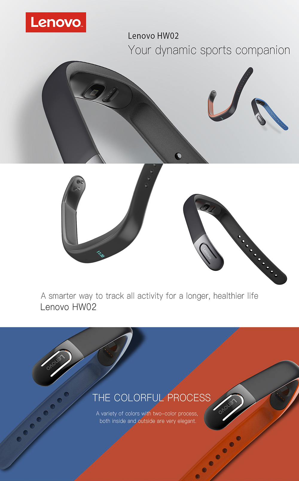 Lenovo HW02 Smart Wristband 3D G-Sensor Bluetooth 4.2 Heart Rate Moniter Pedometer Fitness Tracker Compatible with Android iOS - Blue