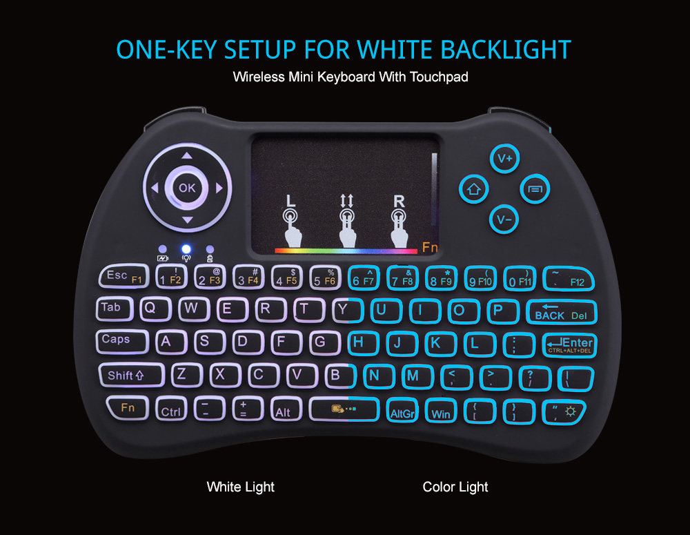 H9 Mini 2.4G Wireless Backlight Keyboard Mouse Combo with Touchpad Over 180000 Backlit Colors Available Brightness Adjustable for TV Box PS3 Xbox 360 Smart TV