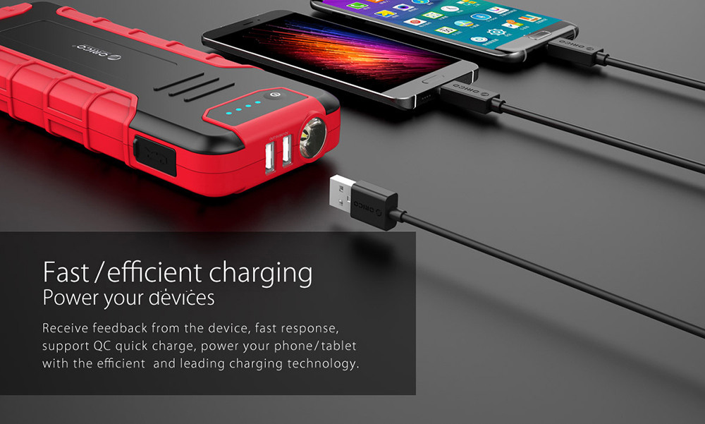 ORICO CS3 18000mAh Car Jump Starter Emergency Lighting For Diesel Gas Car Motorbike Phone Power Bank USB Charging With LED Indicator Lights - Black + Red