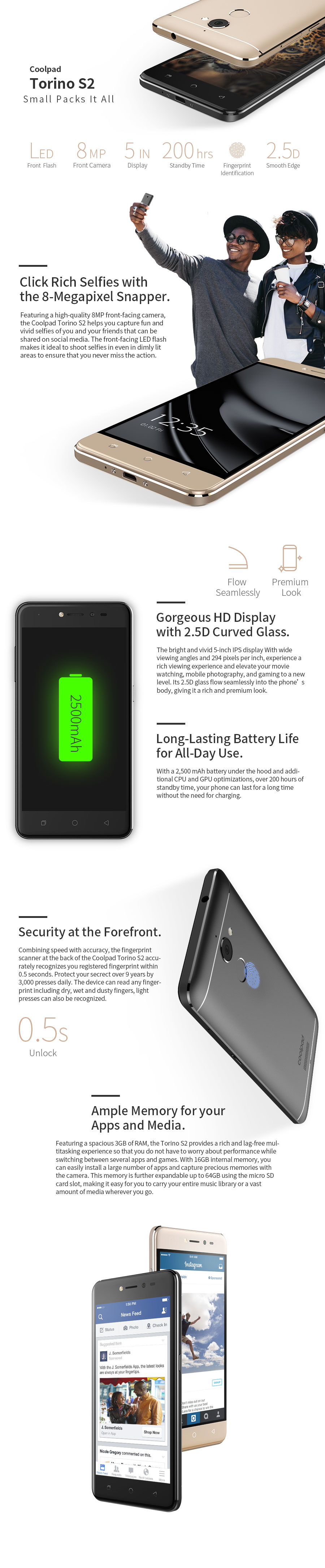 [HK Stock][EU Version]Coolpad Torino S2 3505I-U00 5.0 Inch Smartphone HD Screen 2GB 16GB 13.0MP Cam MT6735 Quad Core Android 6.0 Touch ID Metal Body - Gray