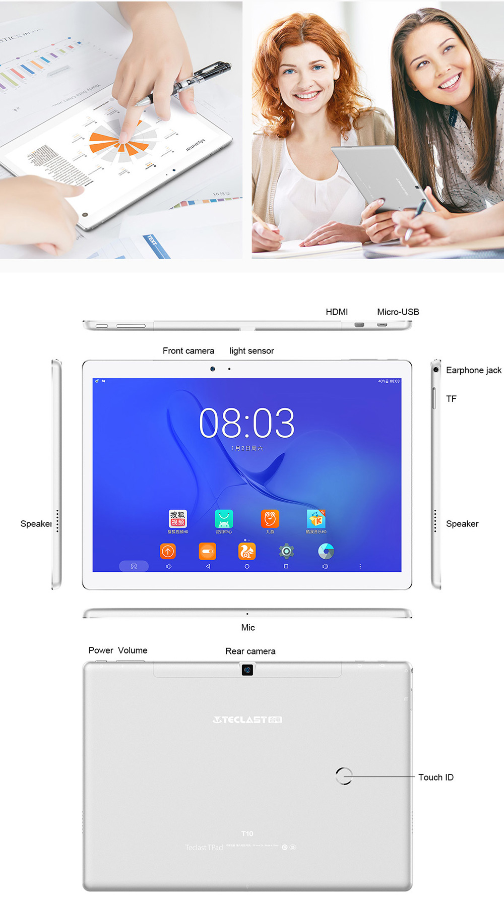 Teclast T10 10.1" Android 7.0 Tablet MediaTek MT8176 Hexa Core 2.1GHz 4GB RAM 64GB Touch ID Dual Camera Dual Band Wifi - Silver/White