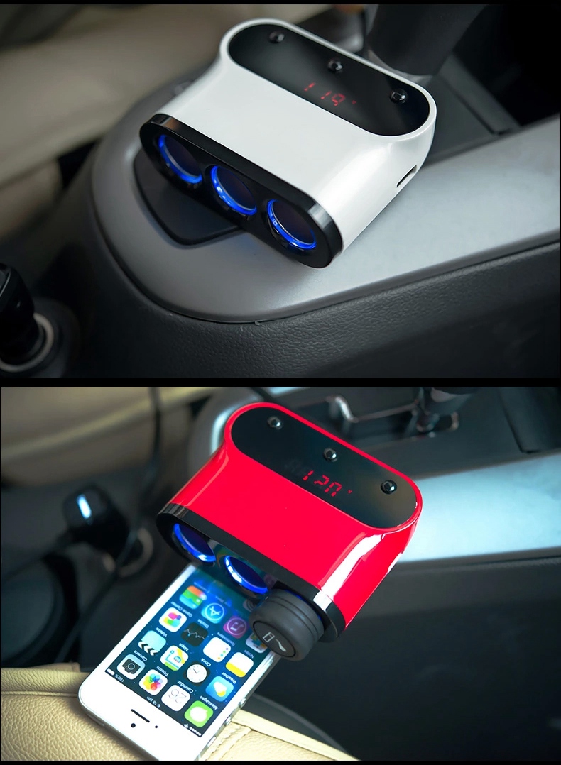 SAST T12 5-in-1 Car Charger 3 Cigarette Lighter Slots Dual USB Ports Multi-function Car Phone Charger with LED Voltage Monitoring - White