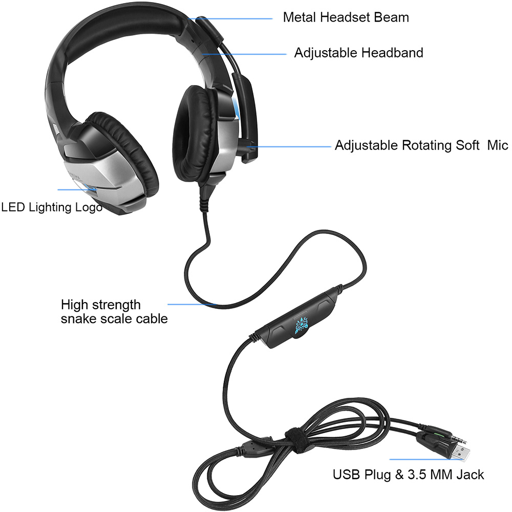 ONIKUMA K5 Gaming Headset with Mic Stereo USB LED Headphones for PS4 XBOX One PC Laptop Mac - Blue