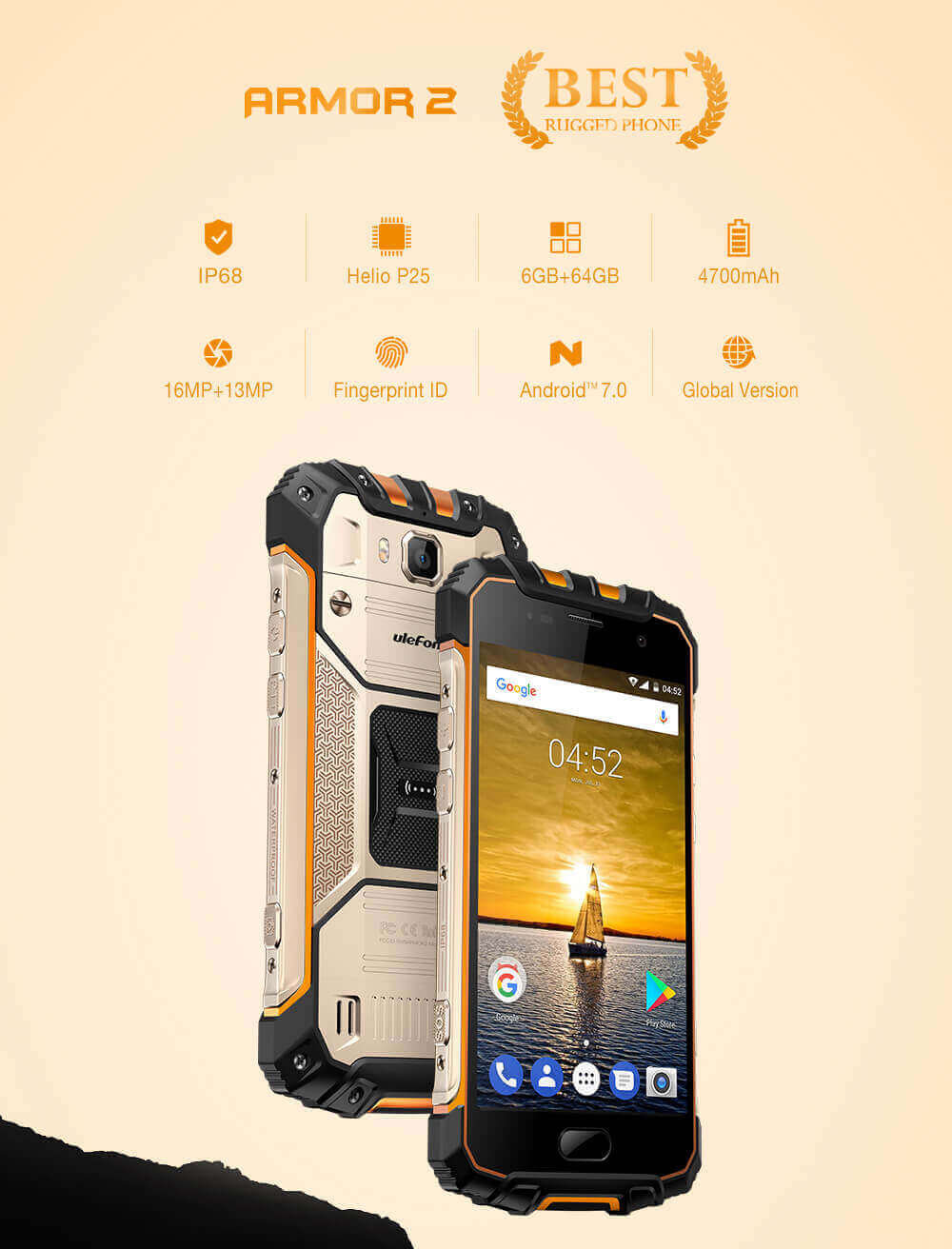 [HK Stock][Global Version]Ulefone Armor 2 5.0 Inch IP68 Waterproof Smartphone FHD Screen 6GB 64GB Helio P25 16.0MP Cam 4700mAh Fast Charge NFC - Dark Gray
