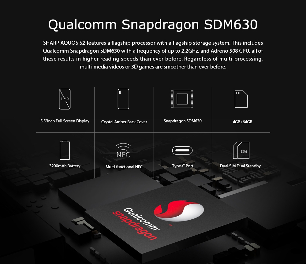 [HK Stock]SHARP AQUOS S2 5.5 Inch 4G LTE Smartphone 12.0MP+8.0MP Dual Rear Cam Snapdragon SDM630 Octa Core 4GB 64GB Android 7.1 NFC VoLTE Fast Charge Type-C - Black