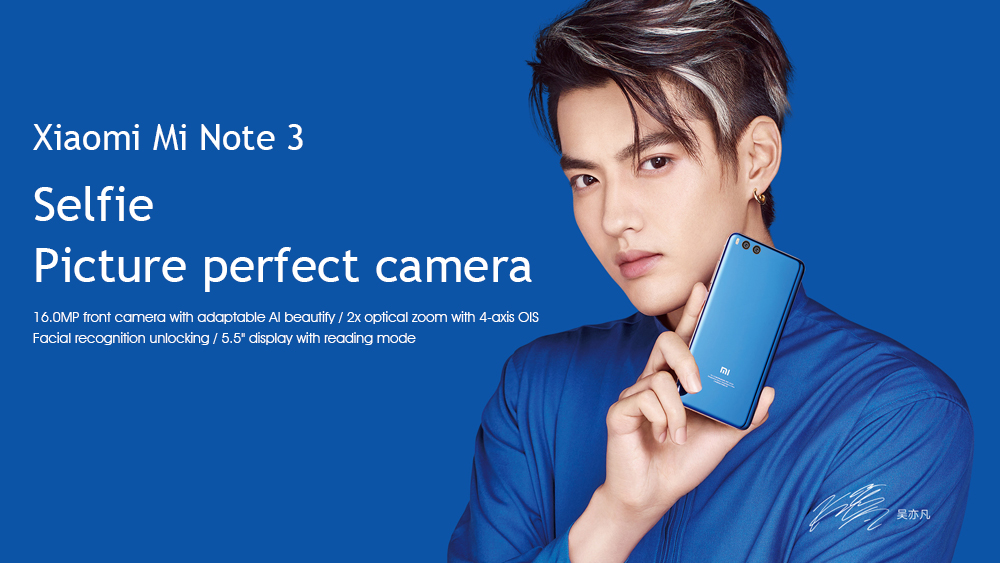 Xiaomi Mi Note 3 5.5 Inch  4G LTE Smartphone Dual 12.0MP Rear Cam + 16.0MP Front Cam 6GB 128GB Snapdragon 660 Android 7.1 NFC QC3.0 Four-sided Curved Glass Body - Black