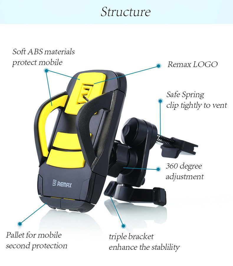 Remax RM-03 Car Mount Holder Stand Universal Air Vent Mobile Phone Holders Stands Bracket 360 Degrees Rotation - Black + Yellow