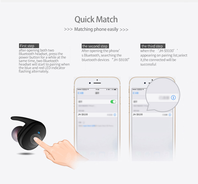 JH-S9100 Wireless Bluetooth Dual Headphones Touch Control Sweatproof with Charging Box - Black