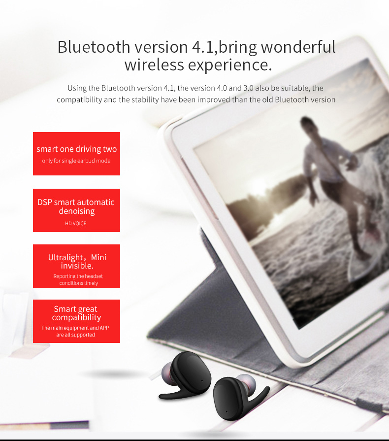 JH-S9100 Wireless Bluetooth Dual Headphones Touch Control Sweatproof with Charging Box - Black