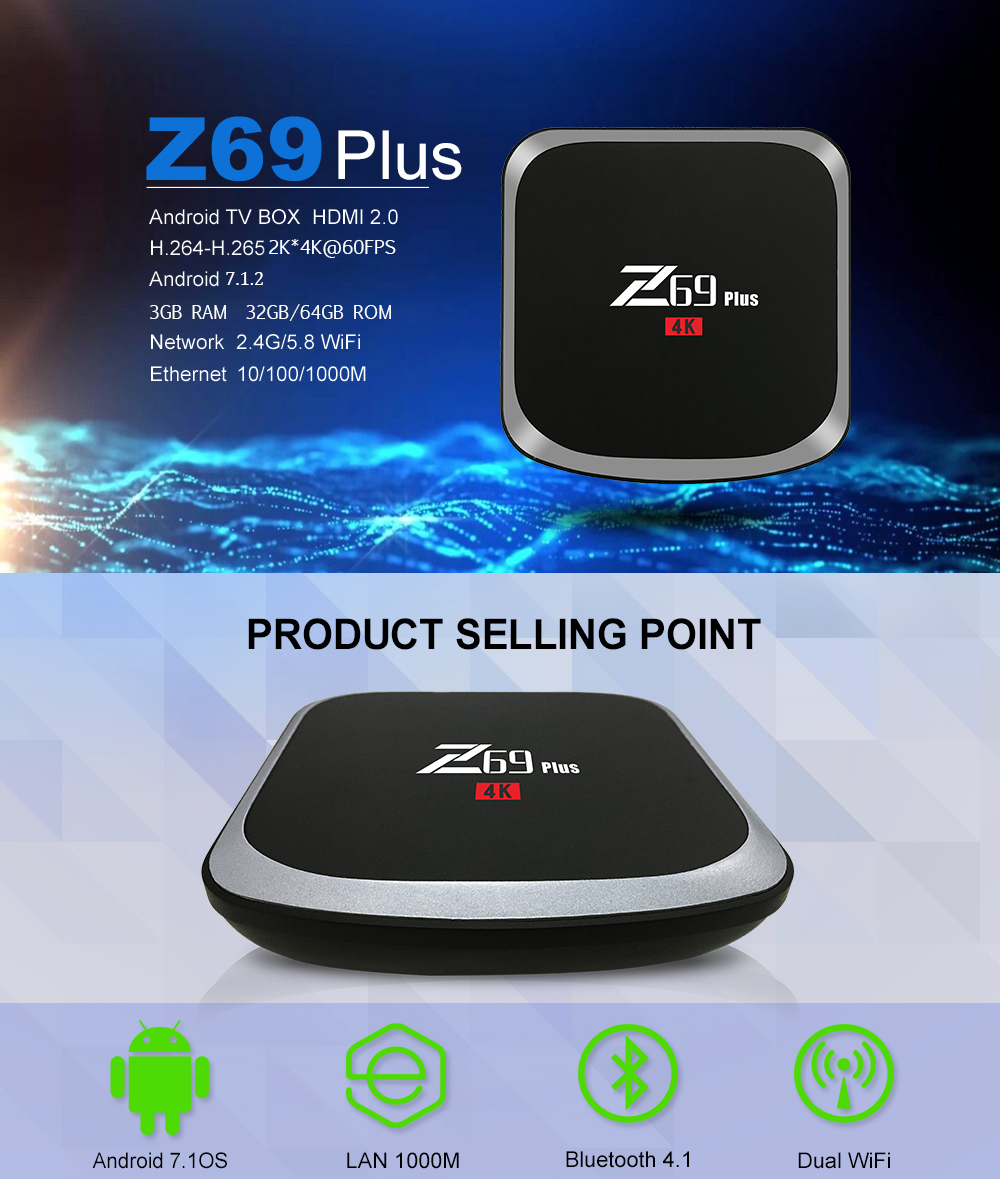 Z69 Plus Android 7.1.2 Amlogic S912 3GB/64GB KODI 17.3 4K TV BOX 802.11AC WIFI Gigabit LAN Bluetooth HDMI