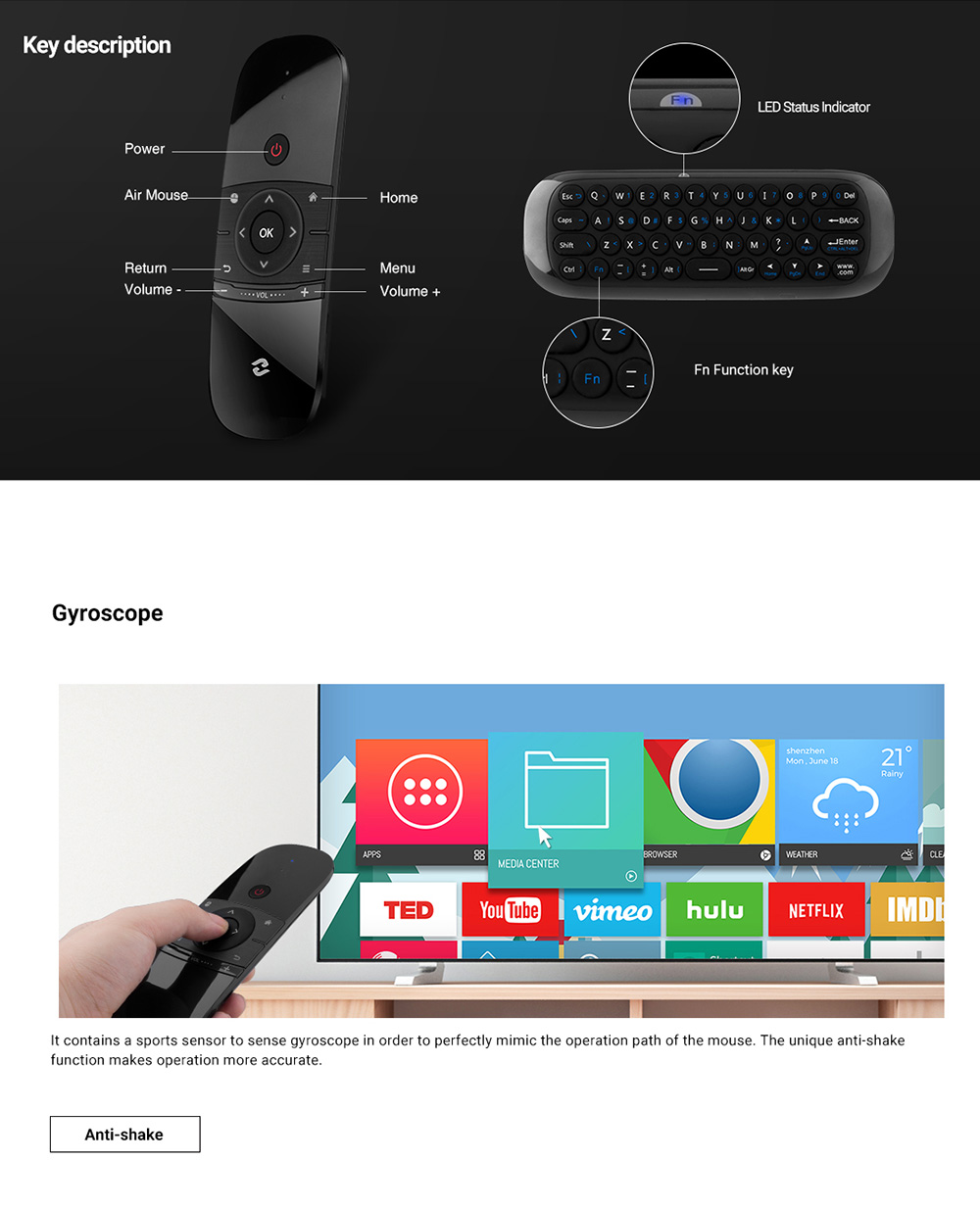 ZIDOO V6 2.4GHz Handle Air Mouse Wireless Keyboard with IR Remote for All ZIDOO TV BOX - Black