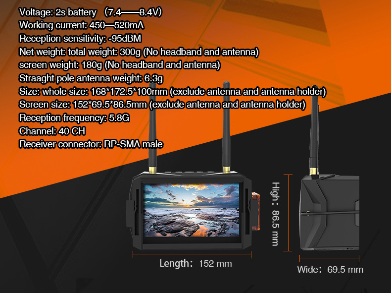 Rutforce VR008 5 Inches 5.8G 40CH Raceband 800x480 Diversity FPV Goggles with DVR Function Built-in Battery