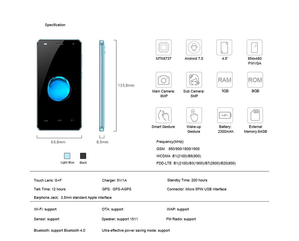 [HK Stock]HOMTOM HT26 4.5 Inch Smartphone MT6737 Quad Core 8GB ROM 5.0MP Cam Android 7.0 OTG 2300mAh - Black