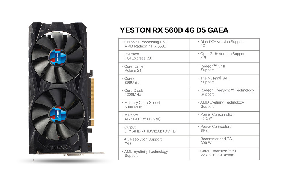 Yeston AMD RX560D 4G GDDR5 Gaming Graphics Card 128bit HDMI DVI DP 896SP Dual Silent Fans Temperature Control - Black