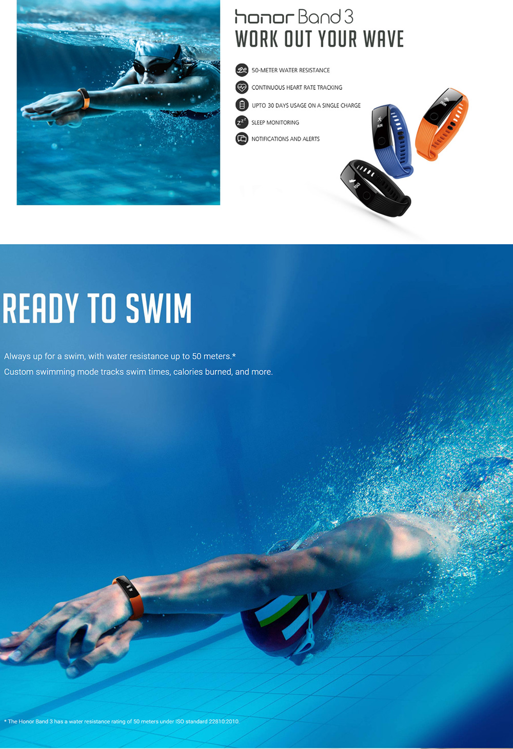 Huawei Honor Band 3 Smart Wristband 0.91" PMOLED Screen Heart Rate Monitor Push Message Compatible with iOS Android - Blue