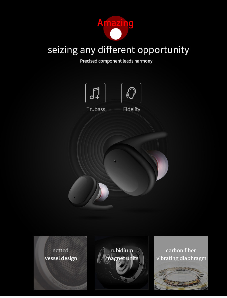 JH-S9100 Wireless Bluetooth Dual Headphones Touch Control Sweatproof with Charging Box - Black