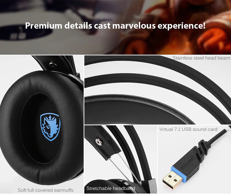 SADES R2 Gaming Headset with Mic Virtual 7.1 Surround Sound Noise-cancelling - Blue + Black