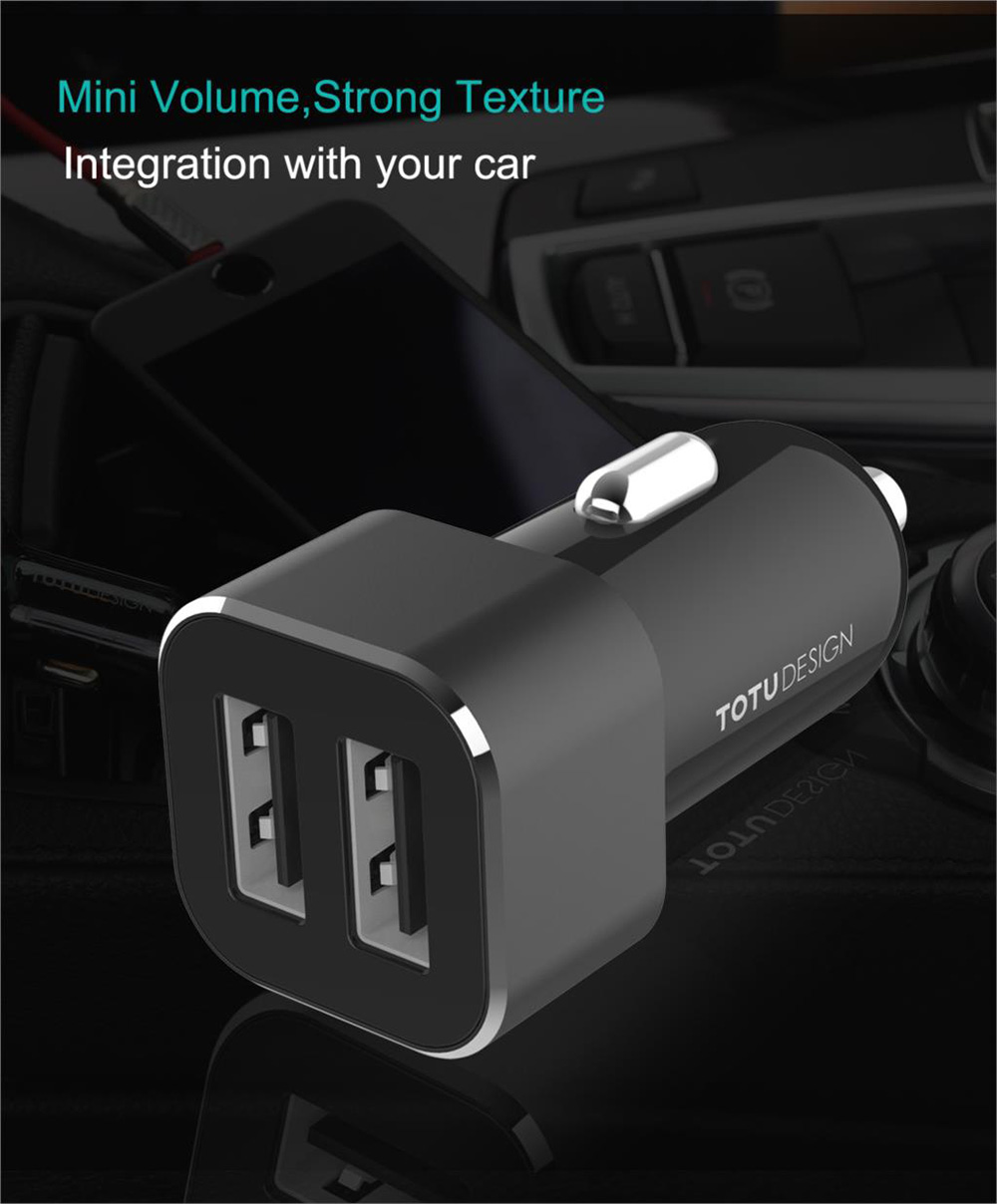 TOTU CC14 Smart Car Charger Dual USB Ports 5V 2.4A Fast Charge Mini USB Car Charger with LED Light Wide Compatible - Black