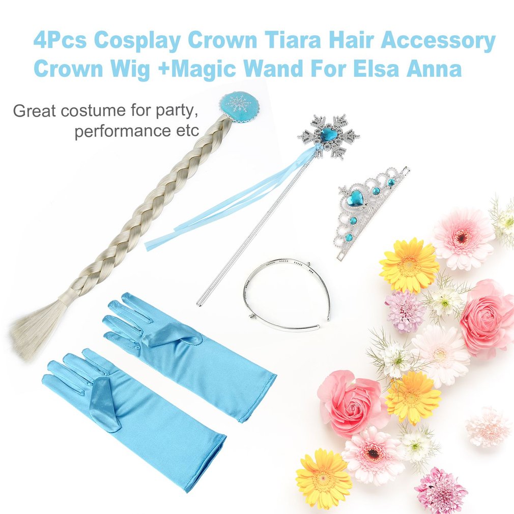 Frozen Elsa Cosplay 4PCS Accessories Crown + Wig + Magic Wand + Glove