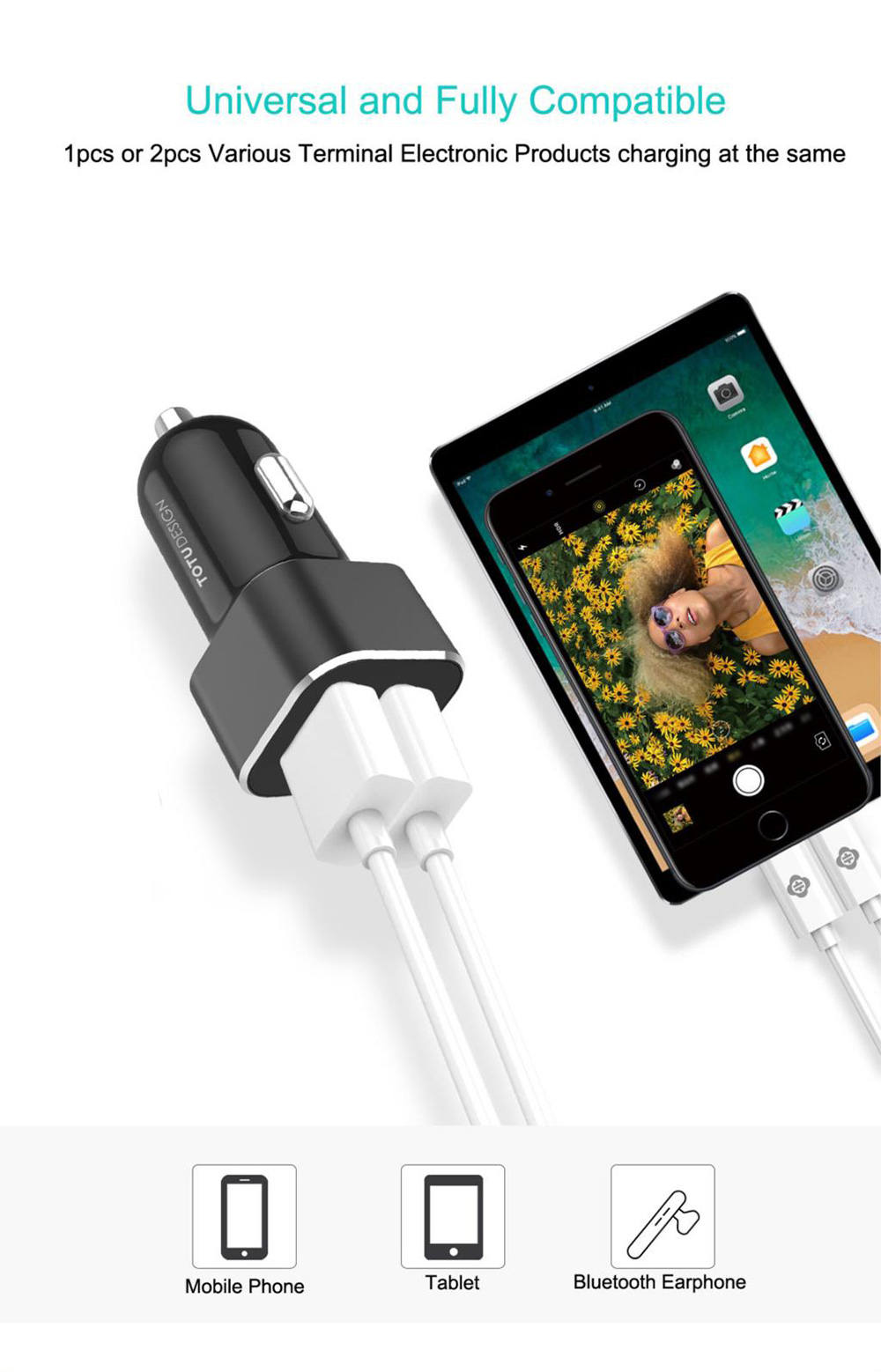 TOTU CC14 Smart Car Charger Dual USB Ports 5V 2.4A Fast Charge Mini USB Car Charger with LED Light Wide Compatible - Black