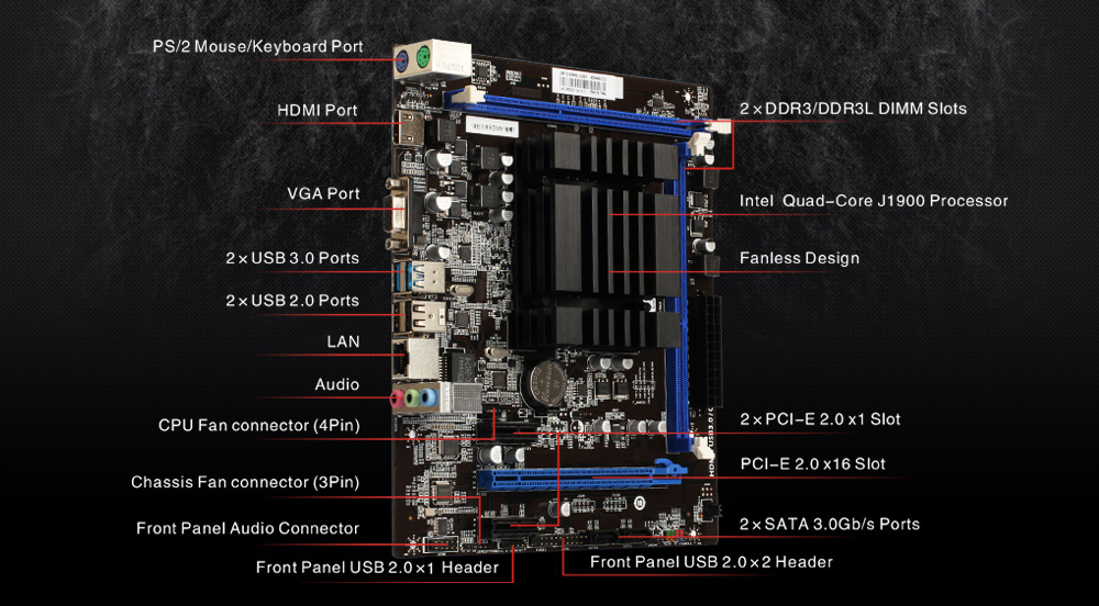J&W D1900 Intel Celeron J1900 DDR3 Desktop Motherboard USB3.0 Onboard CPU With PCI-E 2.0 Micro ATX SATA II VGA HDMI Interfaces - Black