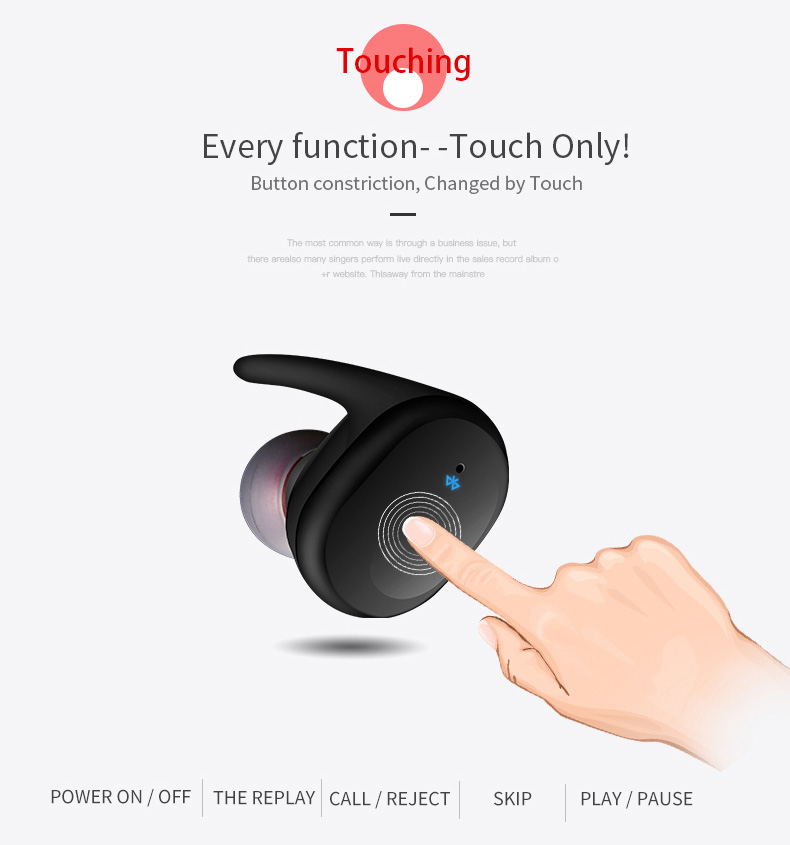 JH-S9100 Wireless Bluetooth Dual Headphones Touch Control Sweatproof with Charging Box - Black