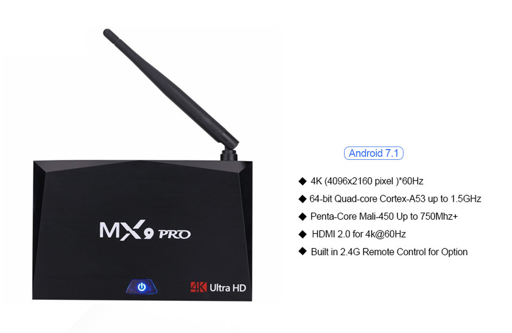 MX9 PRO Android 7.1.1 RK3328 4GB/32GB KODI 17.3 4K HDR TV BOX 2.4G/5G WIFI Bluetooth LAN VP9 HDMI USB3.0 - Black