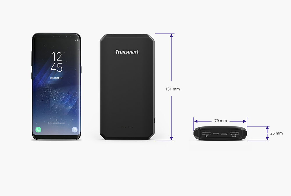 Tronsmart Edge20000 Qualcomm Quick Charge 3.0 Portable Charger 20000mAh Power Bank with VoltiQ FCP for iPhone iPad Samsung - Black