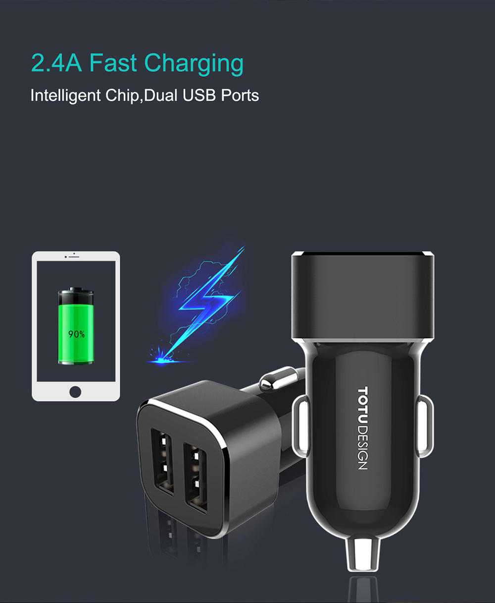 TOTU CC14 Smart Car Charger Dual USB Ports 5V 2.4A Fast Charge Mini USB Car Charger with LED Light Wide Compatible - Black