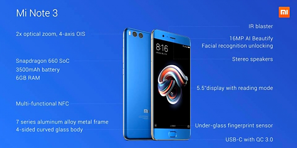 Xiaomi Mi Note 3 5.5 Inch  4G LTE Smartphone Dual 12.0MP Rear Cam + 16.0MP Front Cam 6GB 128GB Snapdragon 660 Android 7.1 NFC QC3.0 Four-sided Curved Glass Body - Black