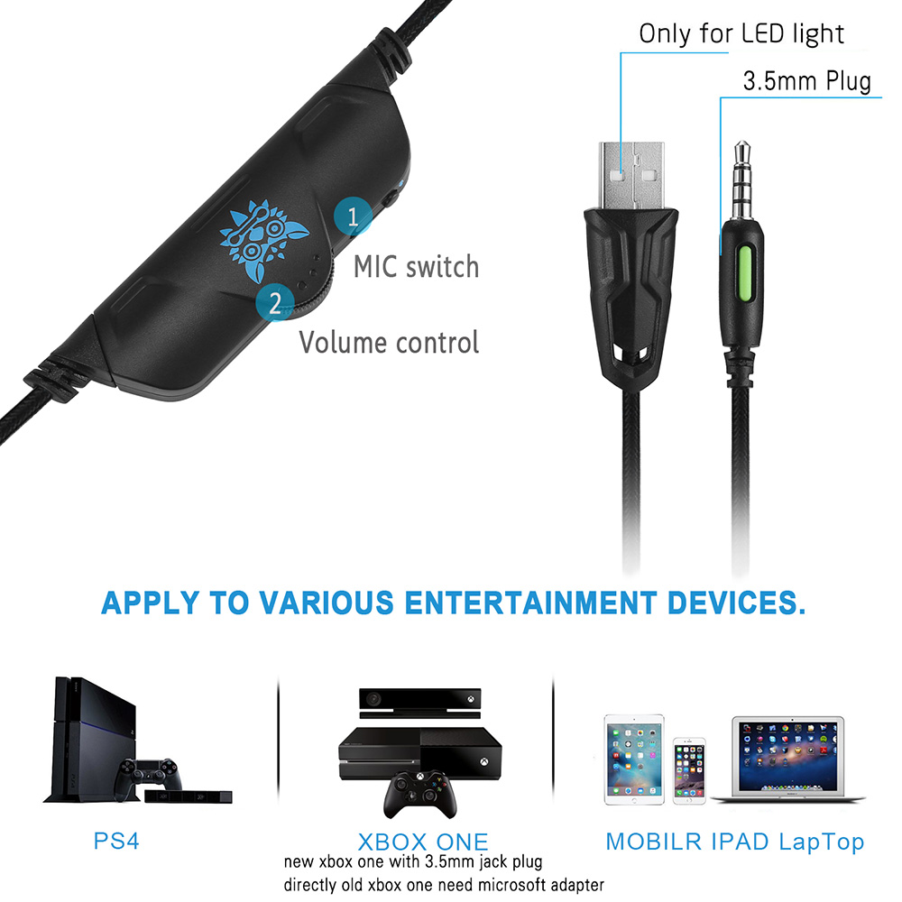 ONIKUMA K5 Gaming Headset with Mic Stereo USB LED Headphones for PS4 XBOX One PC Laptop Mac - Blue