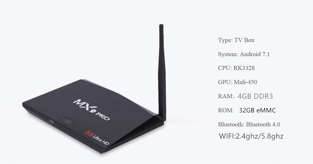 MX9 PRO Android 7.1.1 RK3328 4GB/32GB KODI 17.3 4K HDR TV BOX 2.4G/5G WIFI Bluetooth LAN VP9 HDMI USB3.0 - Black