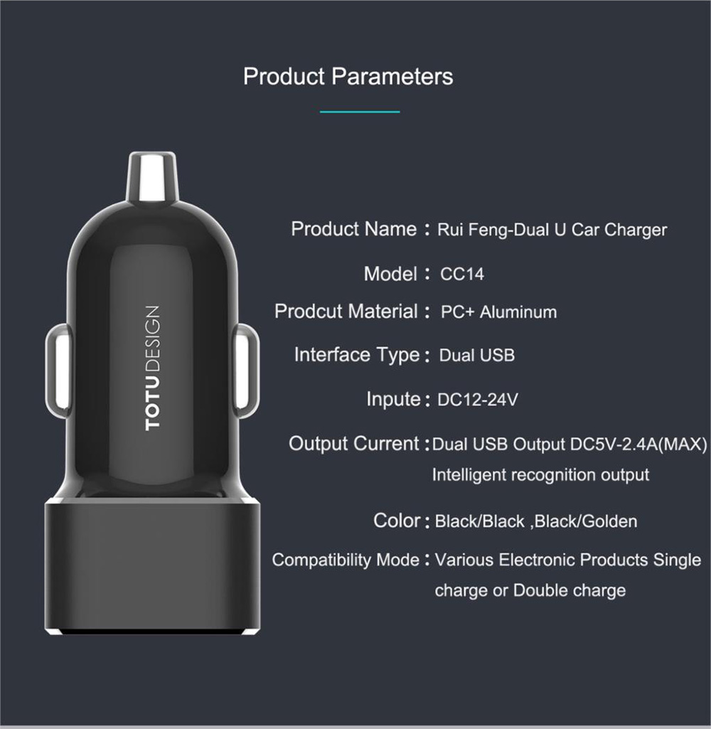 TOTU CC14 Smart Car Charger Dual USB Ports 5V 2.4A Fast Charge Mini USB Car Charger with LED Light Wide Compatible - Black