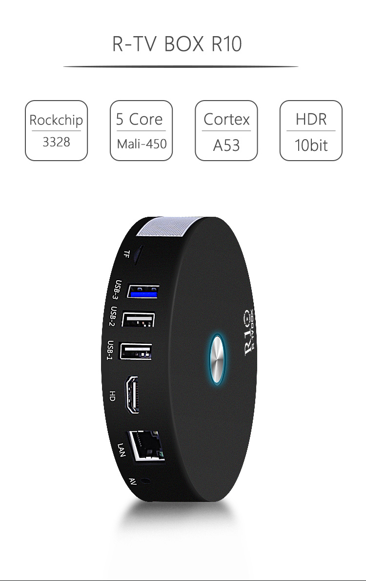 R-TV BOX R10 Android 7.1.2 RK3328 4K KODI 16.1 TV BOX 2GB/16GB 2.4G/5.8G WIFI LAN VP9 HDMI Bluetooth USB3.0 - Black