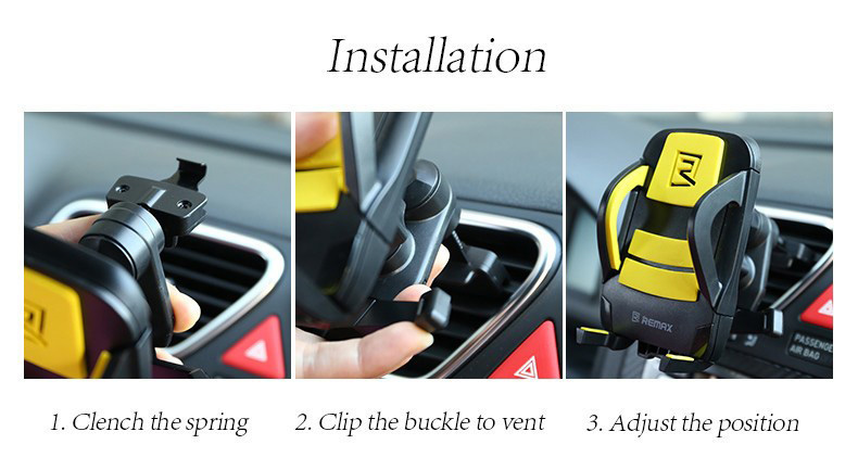 Remax RM-03 Car Mount Holder Stand Universal Air Vent Mobile Phone Holders Stands Bracket 360 Degrees Rotation - Black + Yellow